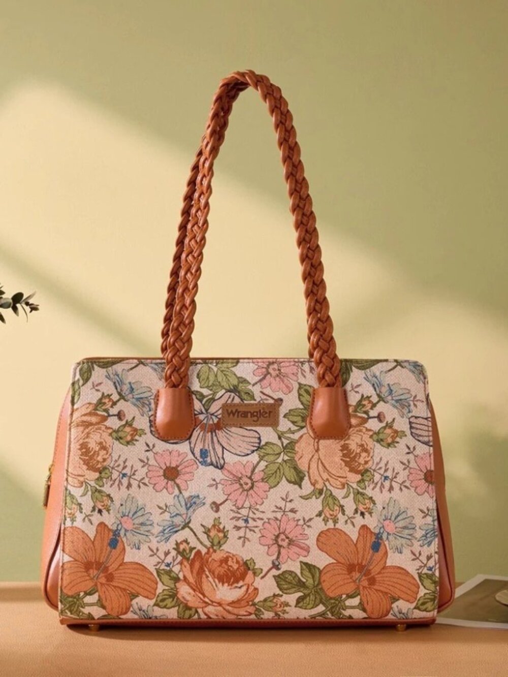 Wrangler Floral Print Braided Satchel Bag Brown